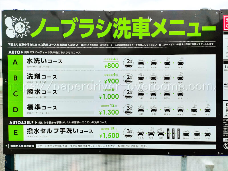神奈川県　洗車のジャバ厚木三田店　ノンブラシ洗車機メニューの料金表